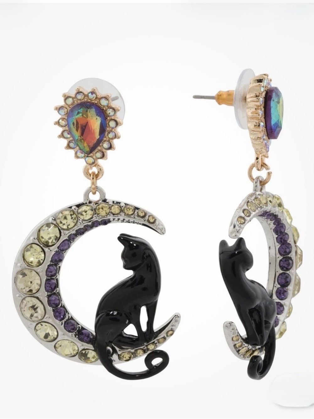 Brand New Betsey Johnson Black Cat Crescent Moon Dangle Earrings Halloween
